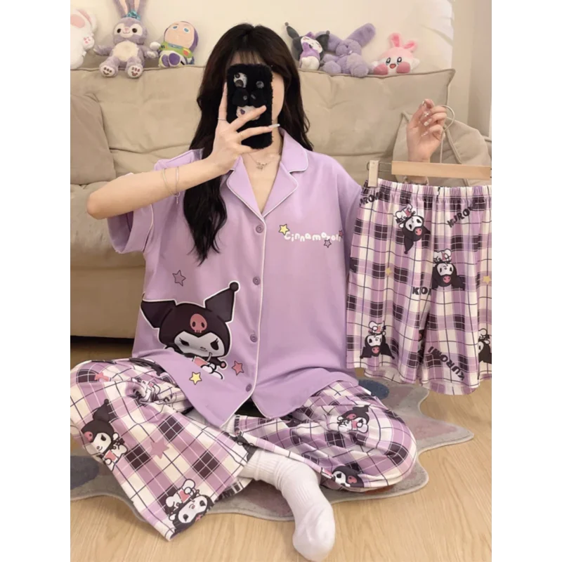 Sanrio-Pijama de seda Clow M para mujer, traje de tres piezas con dibujos animados, cómodo, transpirable, fresco, con almohadilla para el pecho, para el hogar