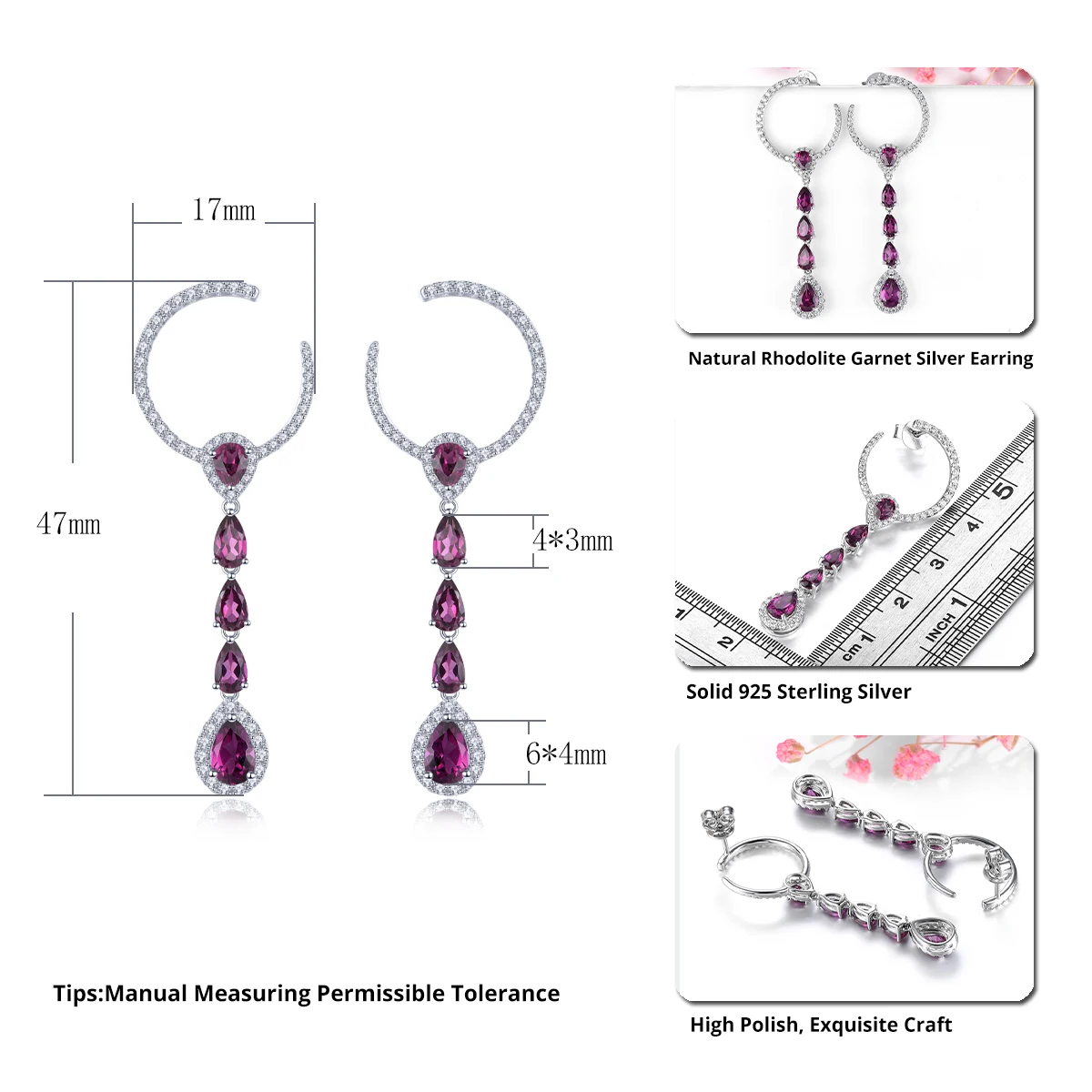 Natural Rhodolite Garnet Sterling Silver Earring 3.2 Carats Genuine Rose Garnet Romantic Jewelry Women New Year Christmas Gifts