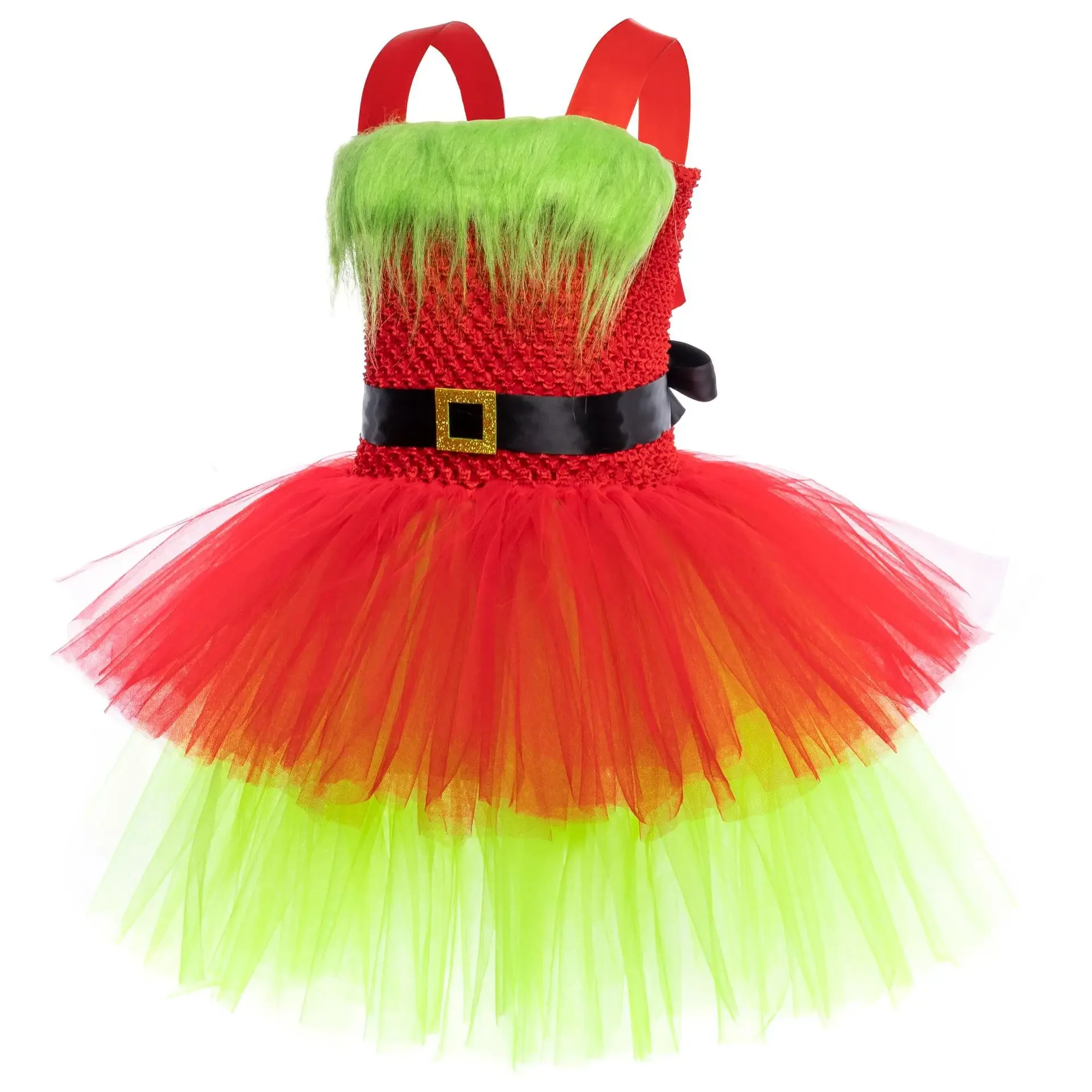 Santa Claus Monster Costume Kids Girls Christmas Tutu Dress Outfit Toddler Girls Halloween Green Fur Monster Dress Up Clothes
