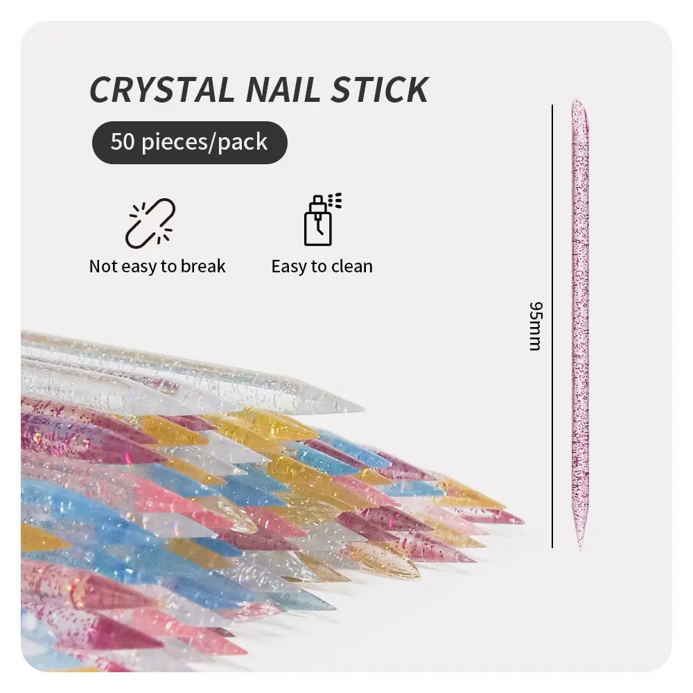 50 Pcs Nail Cuticle Pusher Crystal Double End Manicures Dead Skin Remove Pedicure Sticks Fork Nail Art Clean Care Tool