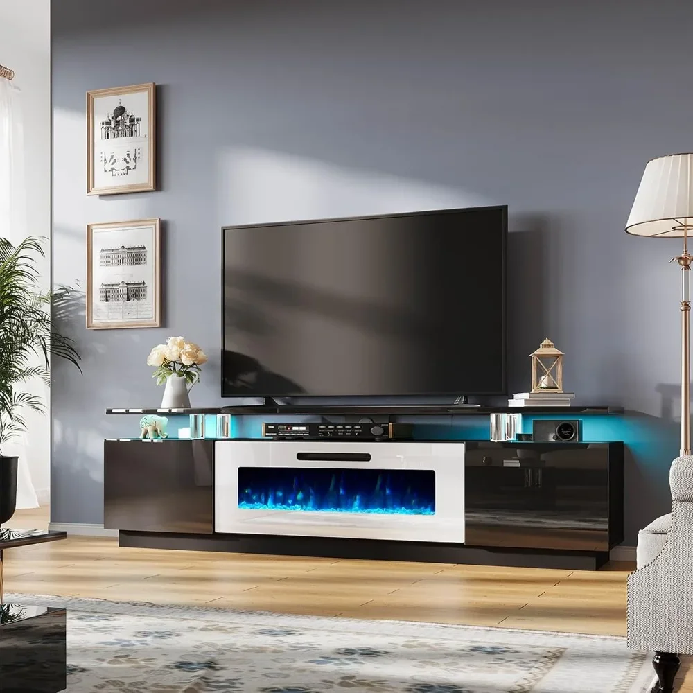 Kamin-TV-Ständer mit 40-Zoll-Kamin, 80 Zoll modernen Hochglanzkamin-Entertainment-Center-LED-Leuchten, 2-stufige TV-Konsole