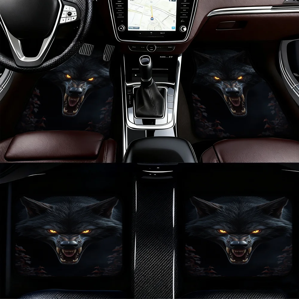 4pcs Vehicle Floor Mats Presenting Ferocious Wolf Dark Art Motif, Suitable For Minivans Or Crossovers, Offering Cleaning-Friendl