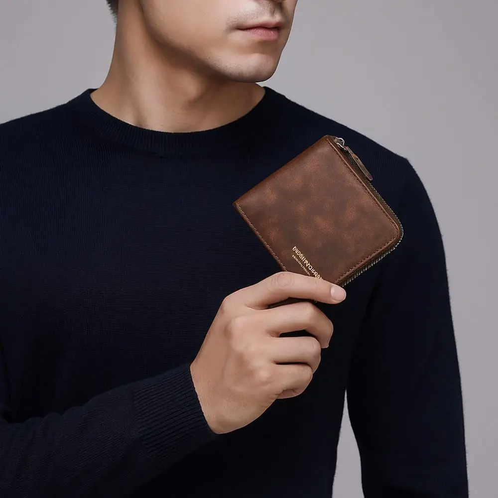 

Mini PU Leather Men's Wallet Large Capacity Multi-functional Business Wallet Zipper Closure Square Credit Card Holder Daily Use