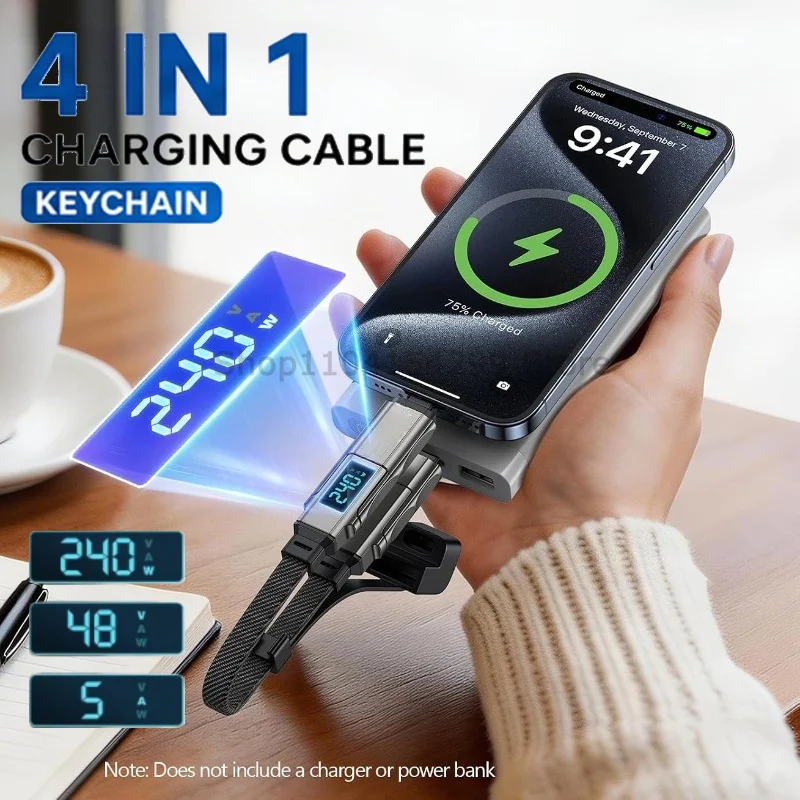 4 in 1 65W Keychain Charging Cable USB C Cable with V/A/W Display Type C for Apple Portable Cord for IPhone/iPad/Samsung/Laptop
