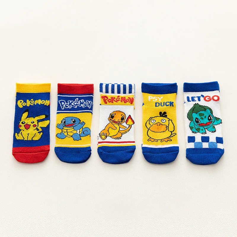 5pairs Pokemon Action Figures Pikachu Psyduck Squirtle Bulbasaur Boys Girls Children Cotton Short-tube Boat Socks Birthday Gifts