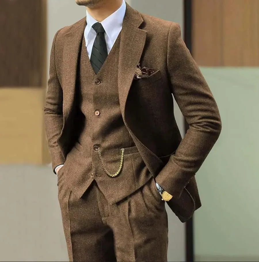 

Ретро твидовый костюм с узором «елочка», мужской приталенный однобортный костюм из трех предметов, мужской костюм жениха, платье, смокинг, костюм для выпускного, куртка, жилет, брюки