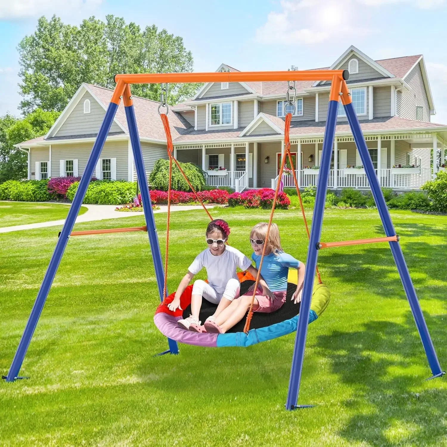 GIKPAL Saucer Swing with Stand for Kids Outdoor, 440lbs Swing Set with Heavy-Duty Metal Frame and Adjustable Ropes, Safe Waterpr