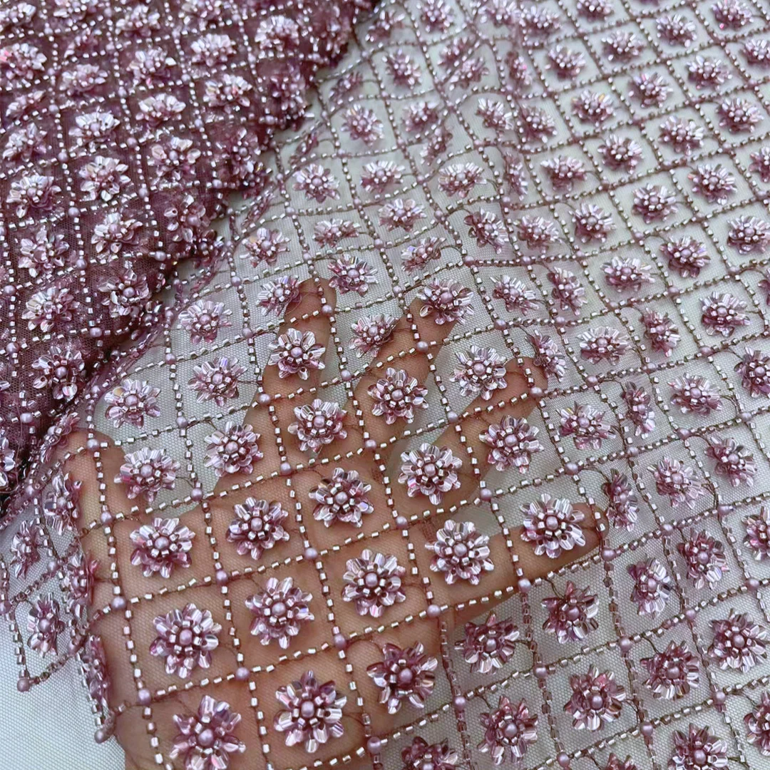 

Newest French Beaded Tube Embroidery Lace Fabric With Geometric Grid Pattern Luxury Tulle Mesh Fabric For Wedding Dress Sewing
