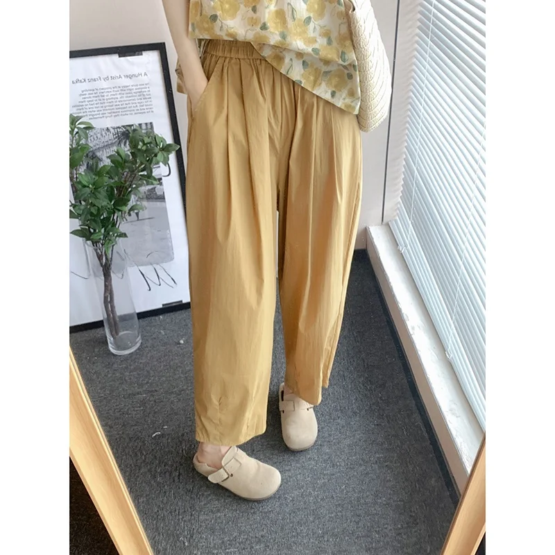 

Khaki Casual Pants Women's Summer Thin Loose Versatile Simple High Waist Slimming Wide Leg Nine Point Pants Commute Sle