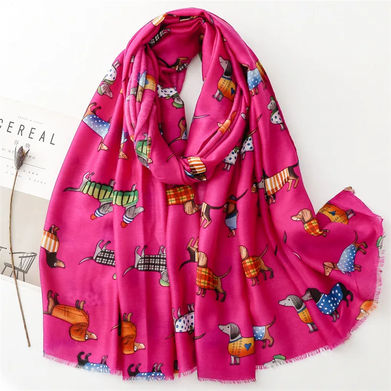 Lovely Animal Dachshund Pattern Viscose Scarf Cute Breathable Fringe Shawl Casual Travel Inelastic Outerwear Long Shawl 180*85Cm