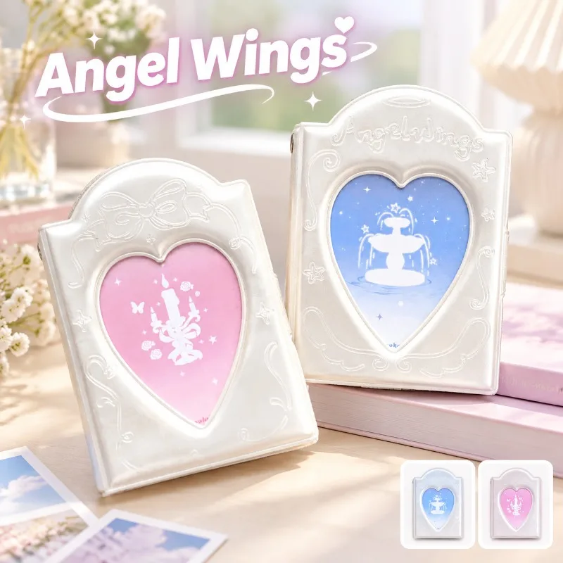 Pearl White Angel Wings Embossed Envelope Card Holder, 1-Grid Card Album, Small Card Storage Book for Kpop Idol Photocard