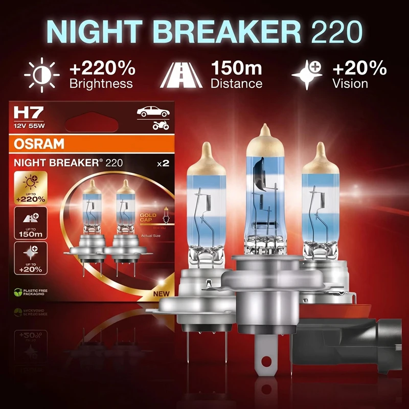Image of OSRAM Night Breaker 220 Autolampen H4 H7 H11 Halogen-Scheinwerfer +220% Leistungssteigerung +150m langer Lichtstrahl Originallicht 12V Deutschland, 2x