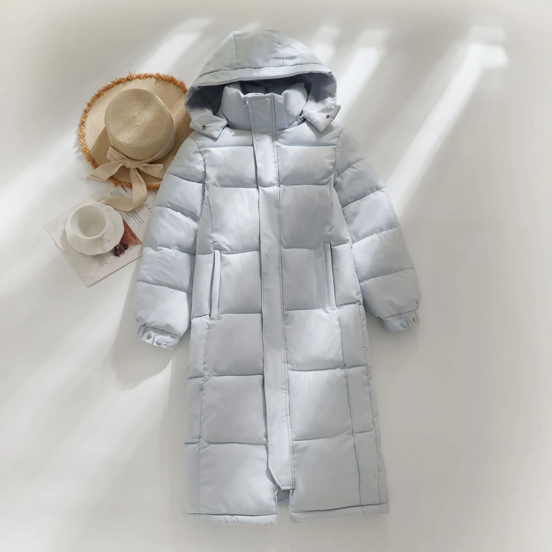 Women Light Blue Long Hooded Puffer Coat Thick Warm Cotton Padded Jacket 2026 Winter Zipper Solid Color Streetwear Outerwear