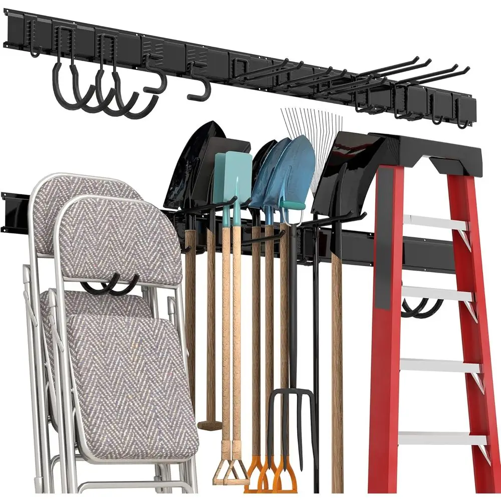 

Heavy-Duty Wall-Mounted Storage Organizer Rack with 12 Double Hooks and 4 Rails for Tools and Garden Equipment