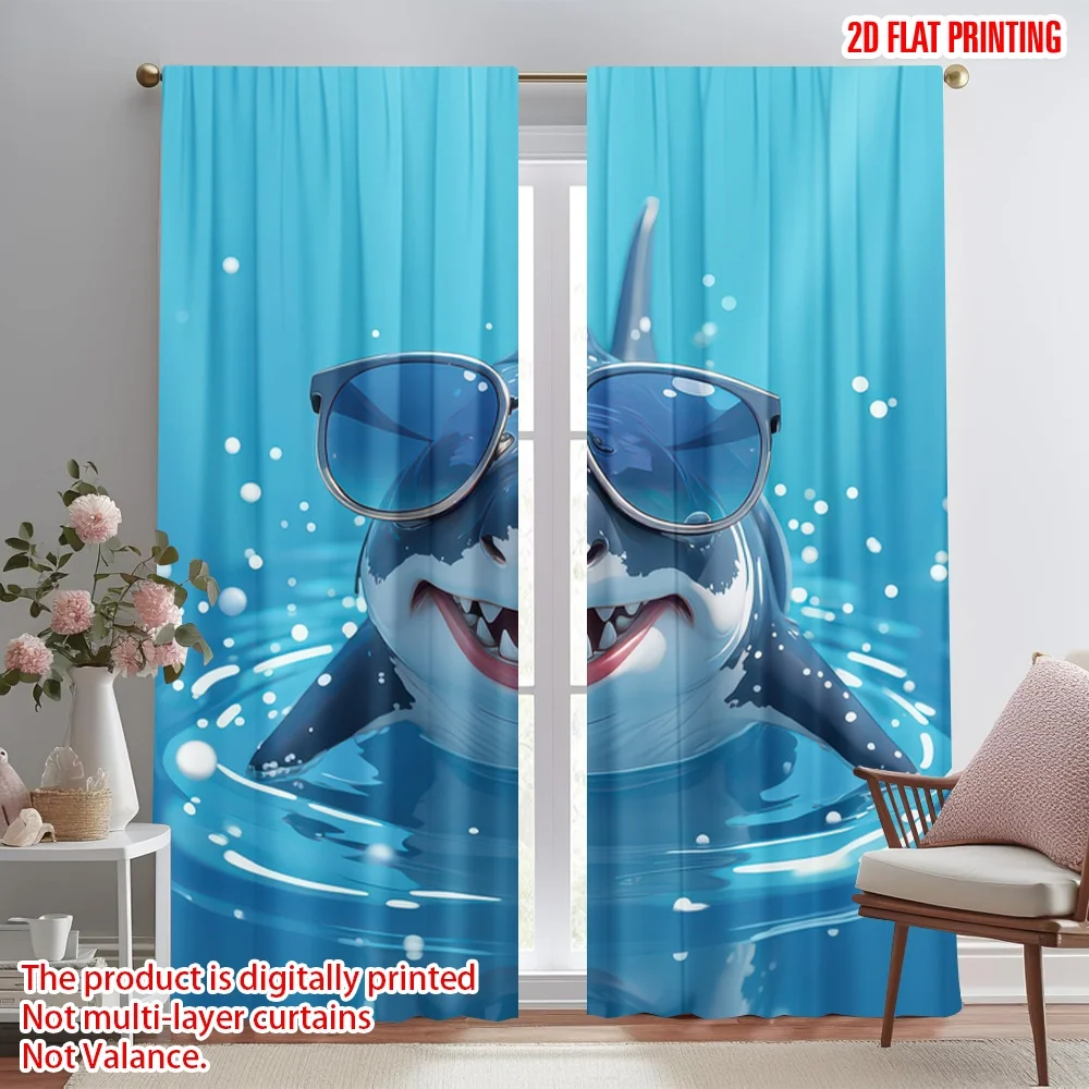 

2D flat printing 2pcs Curtain Shark with Sunglasses Digital Printed Polyester Drapes Festive Wall Decor Use for Holiday Parties