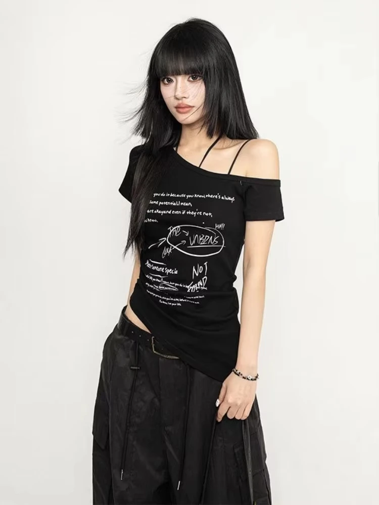 

Уличная одежда, повседневные футболки с косым воротником, винтажные топы с буквенным принтом в стиле Харадзюку, облегающие женские футболки в стиле гранж, Y2k Aesthetic