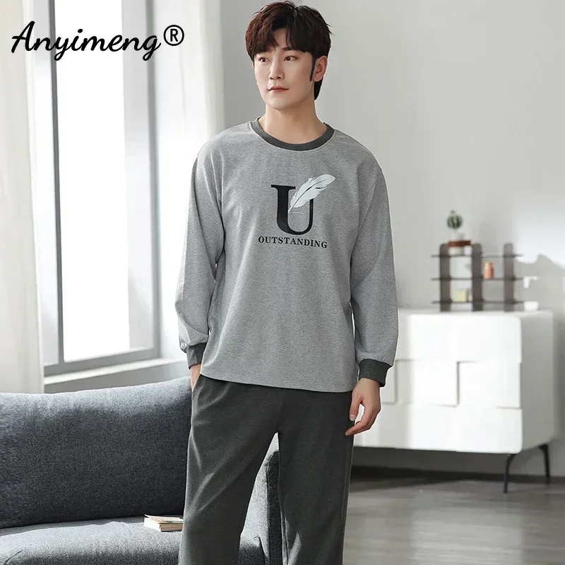 Deer Printing Elegant Pajamas Set for Man Autumn Winter Fashion New Soft Cotton Mens Loungewear Comfortable Sleepwear for Boy