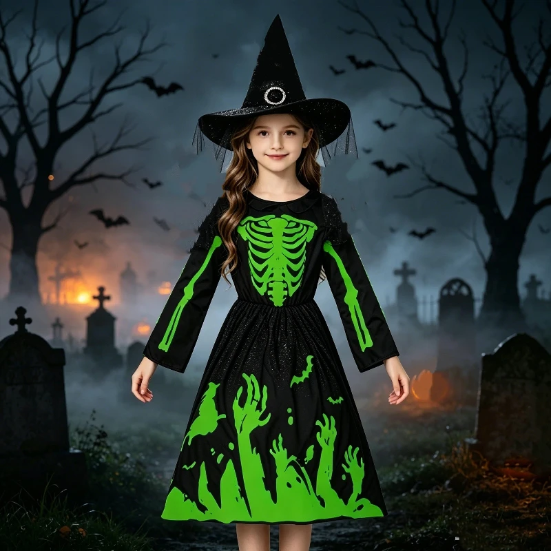 

Luminous Grim Reaper Cosplay Skeleton Costume Mädchen Halloween Party Outfit Glowing Death God Horror Theme Role Play Dress