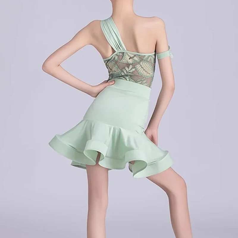 2025 New Girls' Rumba Tango Latin Dance Practice Training Dress Set Summer Strap Split Lace Professional Performance Dress