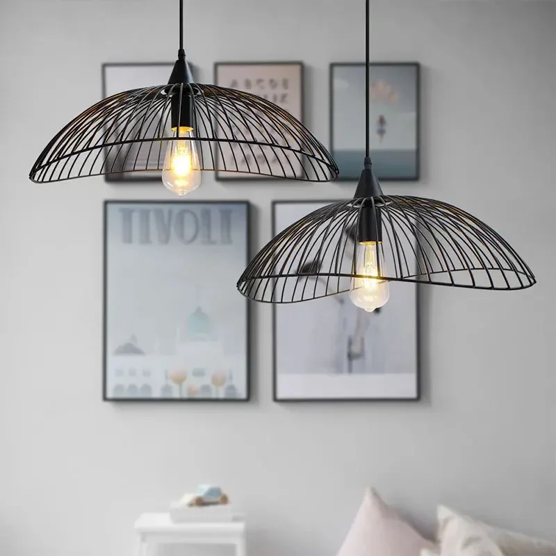 

Nordic Iron Art Pendant Lamp Modern Simple Restaurant Pendant Light Straw Hat Industrial Design Bedroom Study Room Living Room