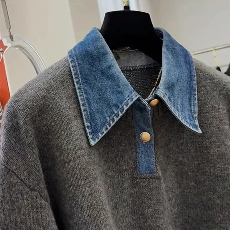 Damski sweter z dzianiny patchworkowej z denimu Harajuku Y2K, luźny, casualowy pulower z długim rękawem, gruby, ciepły, szykowny sweter w stylu amerykańskim.