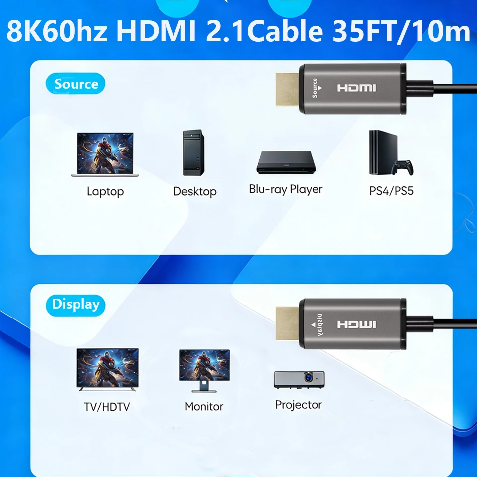 10M 8K 60Hz HDMI-compatible 2.1 Fiber Optical Cable 4K 120Hz HDR 48Gbp HDTV Cable, Professional HDMI-compatible Cord For TV PS5