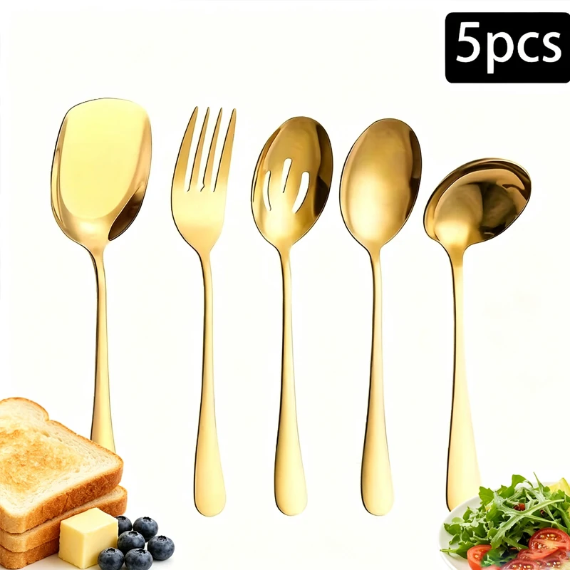 5pcs1010 Stainless Steel Serving Utensils, Public Serving Spoon Fork, Multifunctional Buffet Banquet Kitchen Tableware