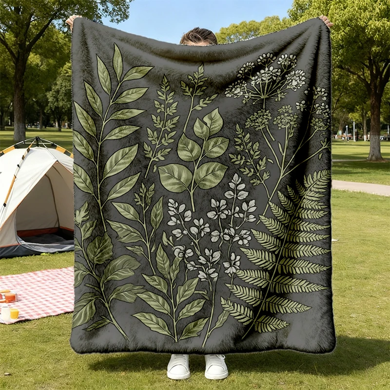 Botanical Ferns Graphic Flannel Throw, Vintage 90s Cozy Blanket, Cottagecore Dark Academia Unisex Warm Blanket