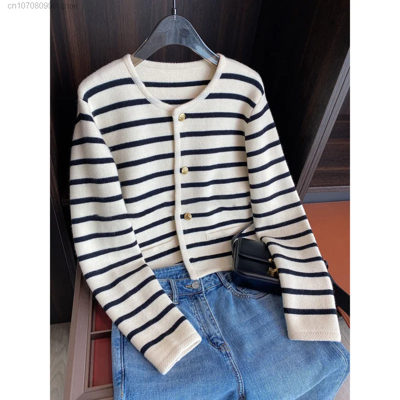 Striped Cotton Knitted Tops Women Autumn 2022 Soft Sweater Cardigan Loose Elegant Ladies Vintage Fashion Aesthetic Clothes Y2k