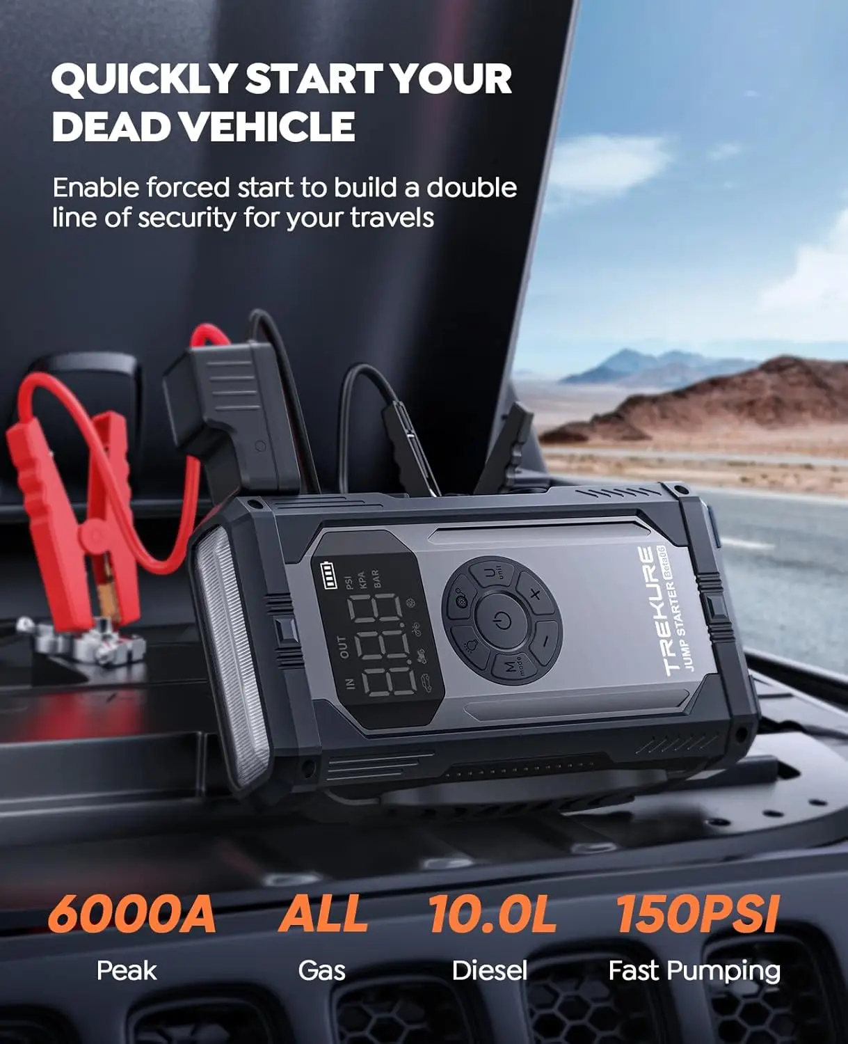 8-in-1 Portable Jump Starter 6000A with Air Compressor, 12V Car Battery Booster Kit
