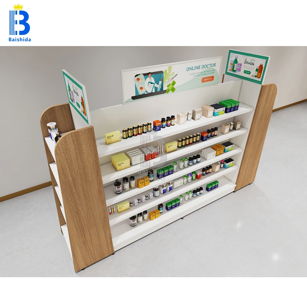 ร้านขายยาโต๊ะแสดงการดูแลสุขภาพยาตู้โชว์ไม้ร้านค้าทางการแพทย์ผลิตภัณฑ์ดูแลจอแสดงผลรางคณะกรรมการตู้