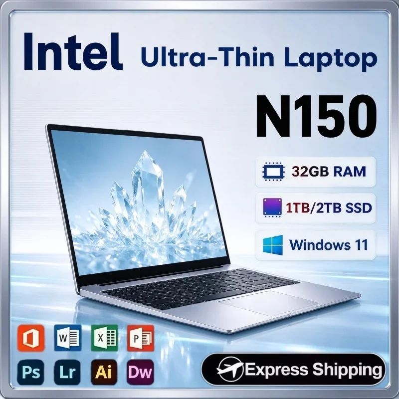 14.1 Inch Portable Light Notebook Windows 11 Intel N150 32GB RAM 2TB SSD Laptop For Home Office And Multimedia Experience