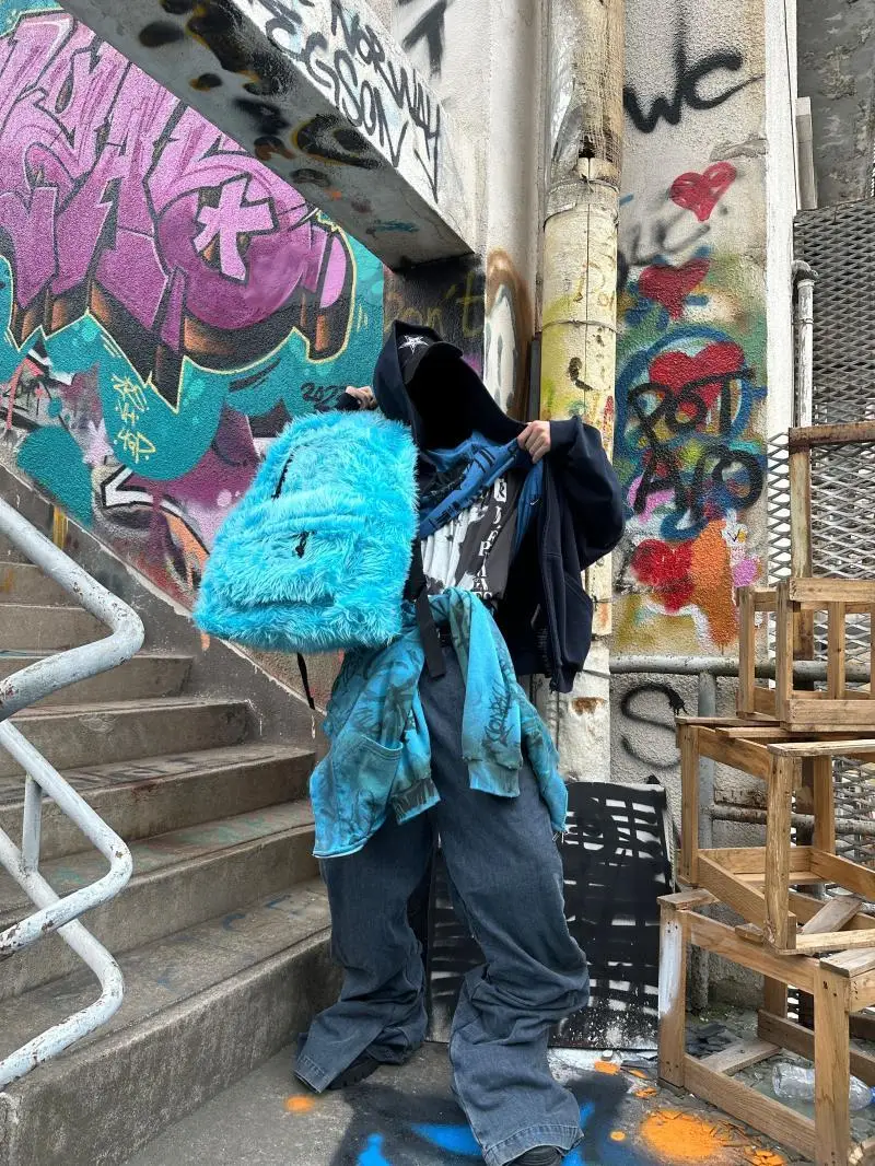 

Fashion Y2k Plush Backpack Pioneer Artist Oversized Backpack Men Women Streetwear Hip Hop Knapsack New Large Capacity Travel Bag