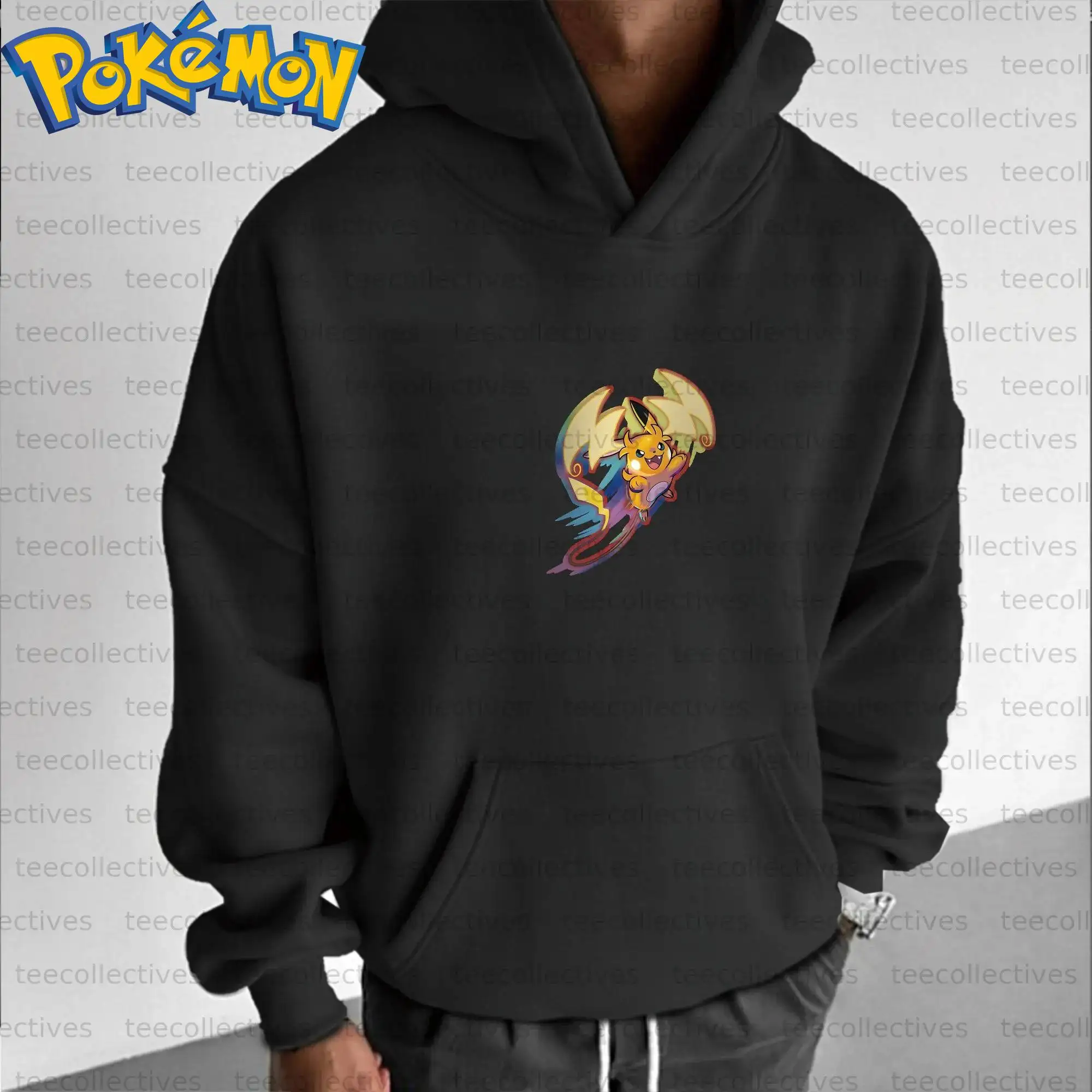 Bluza z kapturem Pokemon Anime Pikachu Raichu, bawełniana, czarna, z nadrukiem postaci i dynamicznym wzorem błyskawic, styl casual streetwear