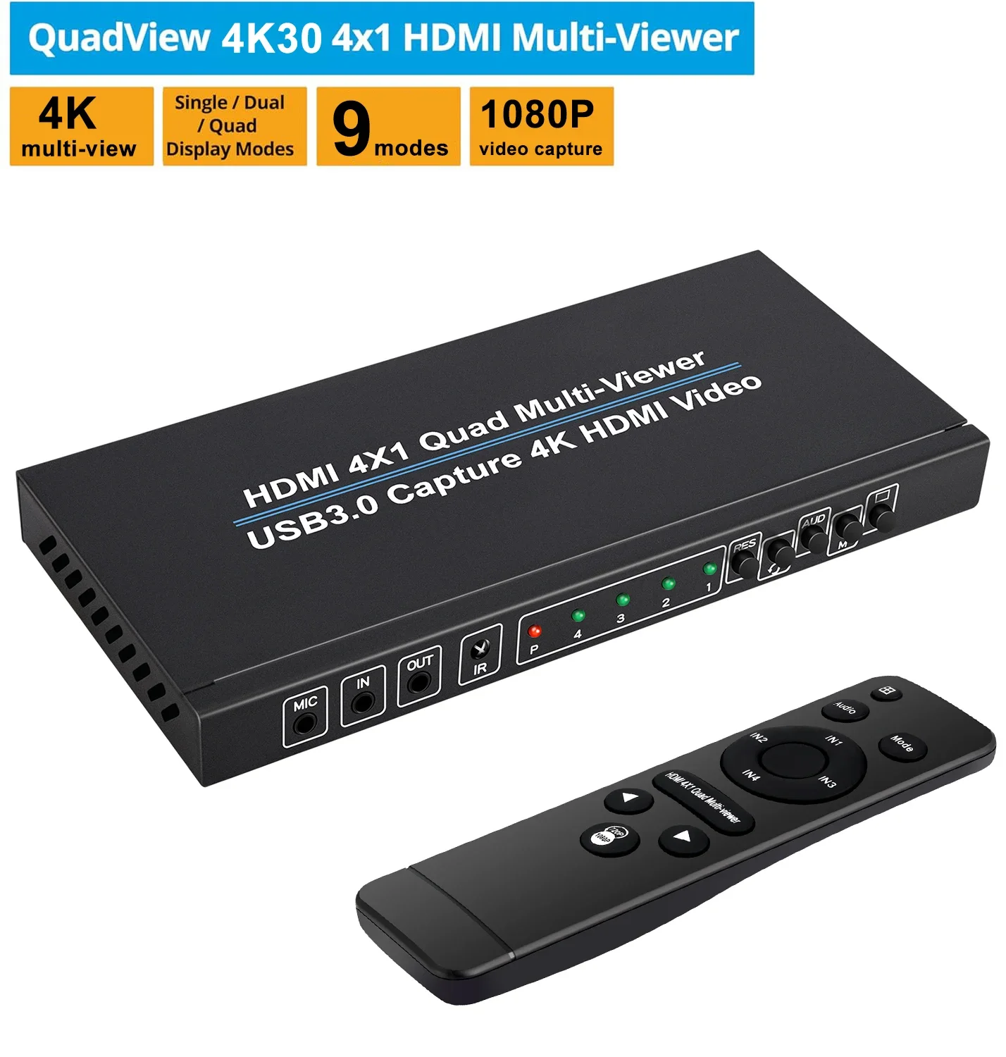 4K 4x1 HDMI Multi Viewer Quad View – 4 Inputs and 1 Output 9 Display Modes with 1080p@60Hz USB 3.0 Video Capture Card Recording