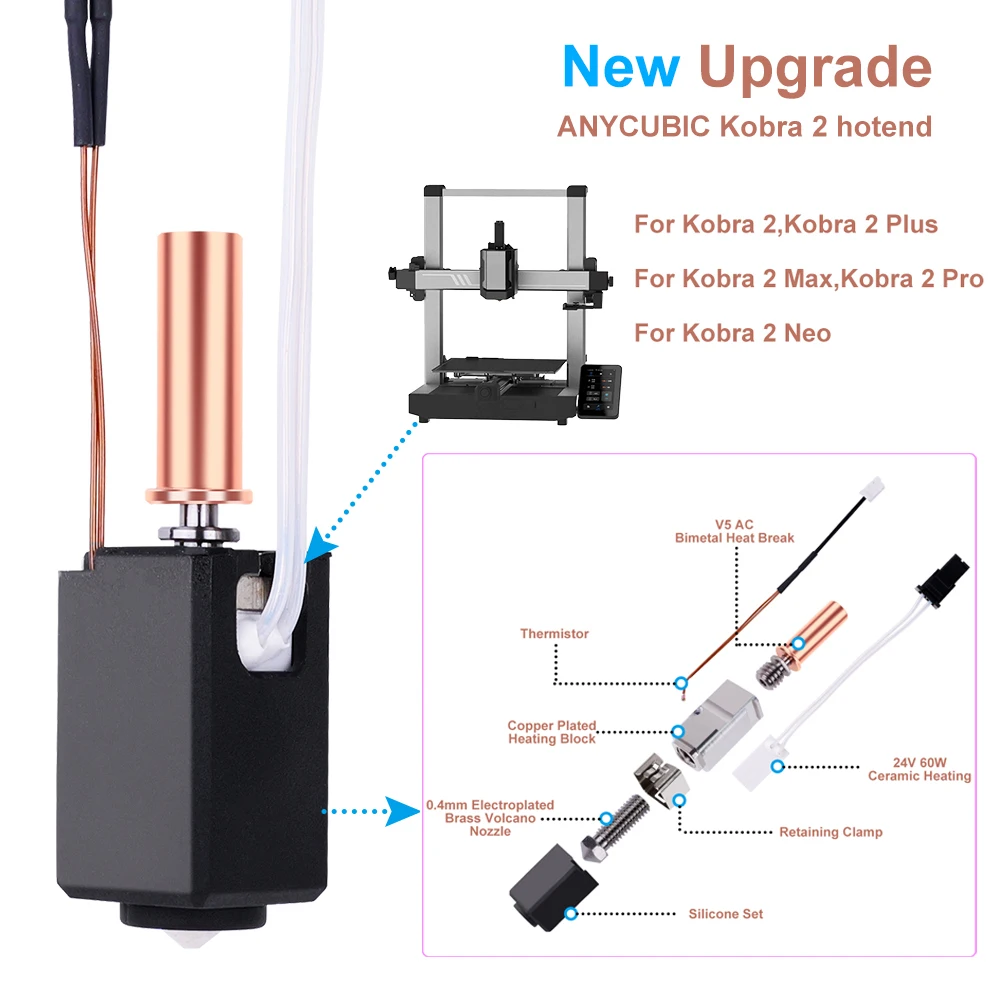 

Upgrade Hotend Kit for Anycubic Kobra2 Thermistor Heater Cartridge 0.4mm Print Hot End for Kobra 2 Plus/Neo/Kobra 2 3D Printer