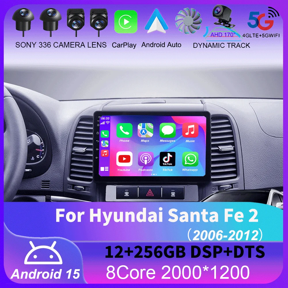 

For Hyundai Santa Fe 2 2006 - 2012 Carplay Auto 4G+WIFI GPS Car Radio Navigation Multimedia Video Player Stereo BT Android 15