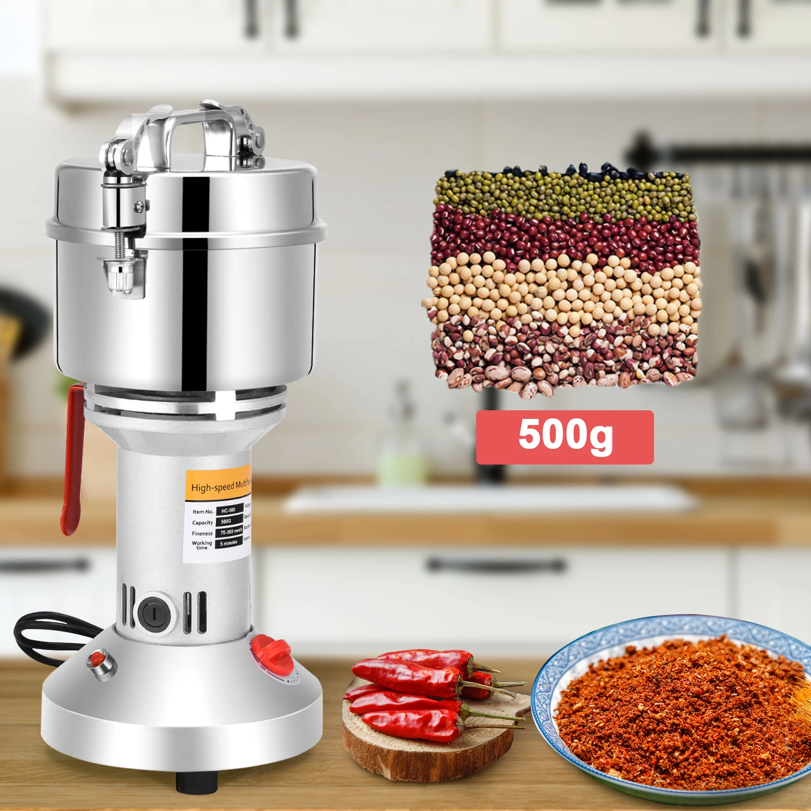 Electric Herb Grain Grinder 500g Household Food Grinder Machine Seeds Powder Mill Cereals Nuts Seasonings Spices Flour Chopper