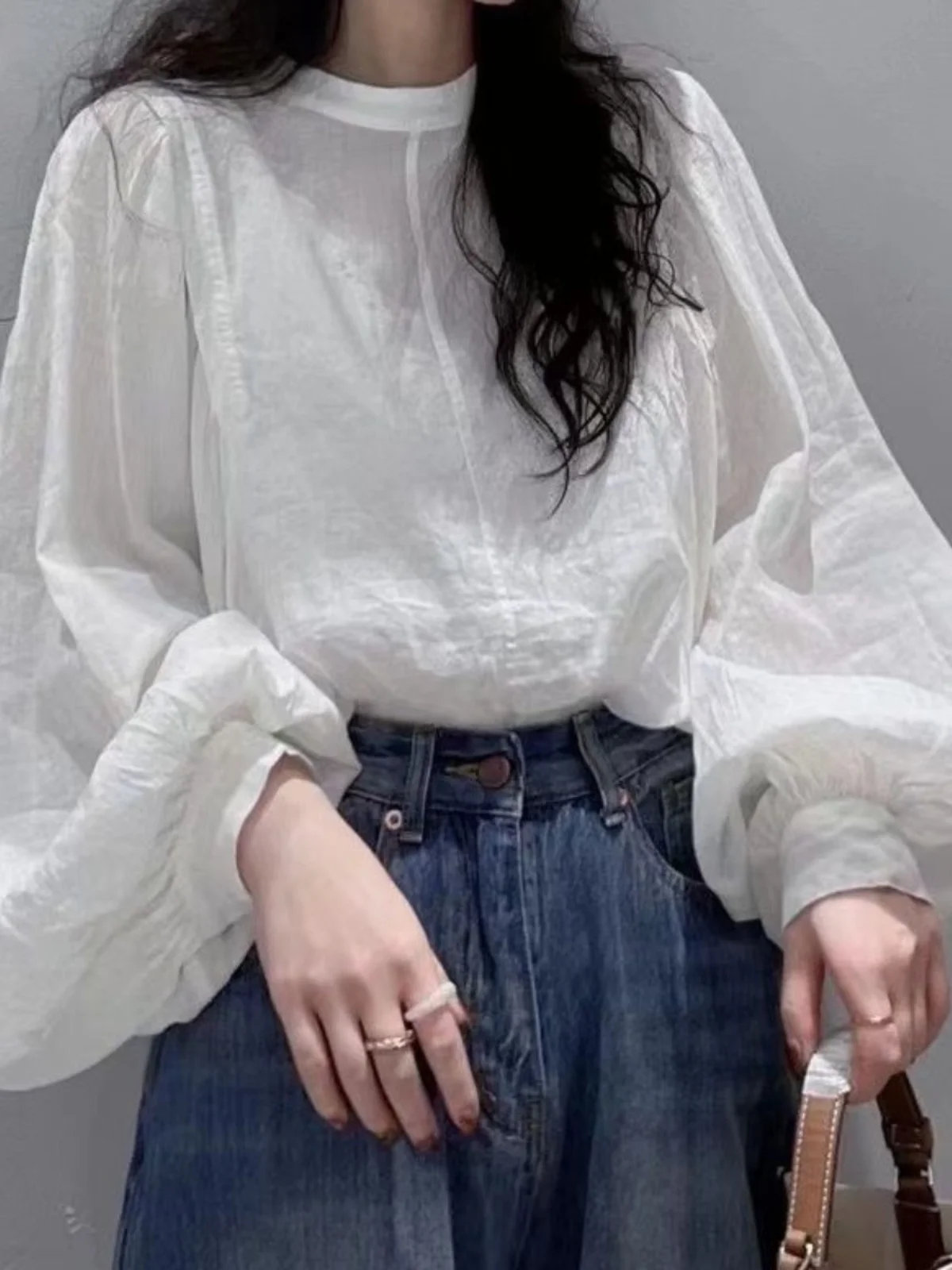 Leinen Baumwolle irt Damen Sommer Bubble Sve Sonnenschutz Top Koreanische Sle Loose Fit rund Ne Long Sve Weiß irt