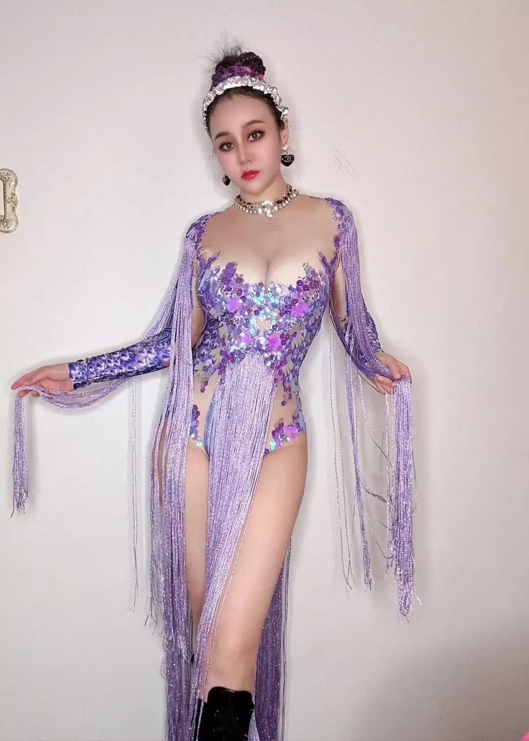 Body morado con diamantes de imitación brillantes y perlas, pelele Sexy para fiesta de noche, celebración de cumpleaños, traje de baile para actuación