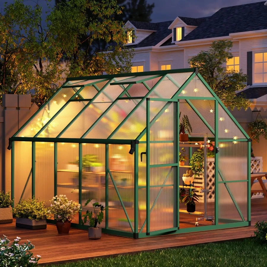 

8x10 FT Outdoor Greenhouse Polycarbonate Greenhouse with Roof Vent and Ground Nails Aluminum Large Walk-in Green House w/Lockab