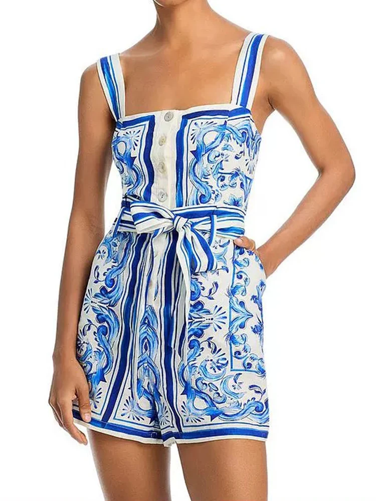 Luxury ladies summer women's new geometric printing word collar with belt straight shorts elegant fashion jumpsuit.