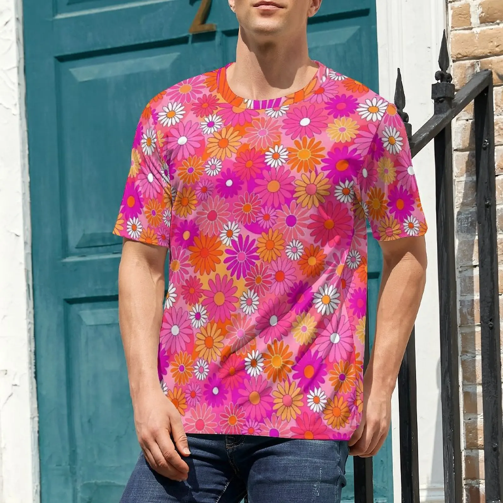Male Pink Orange Daisy Print T Shirt  Harajuku T Shirts Short Sleeve Design Tshirt Hot Sale Beach Funny Big Size Clothes