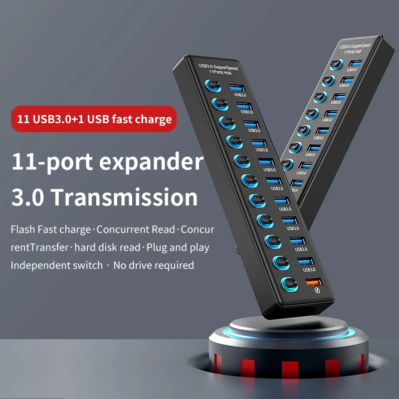 11 Port USB 3.0 Hub | 10 Data Ports + 1 Fast Charging Port | 5Gbps Super Speed Splitter with Individual On/Off Switches for Lapt