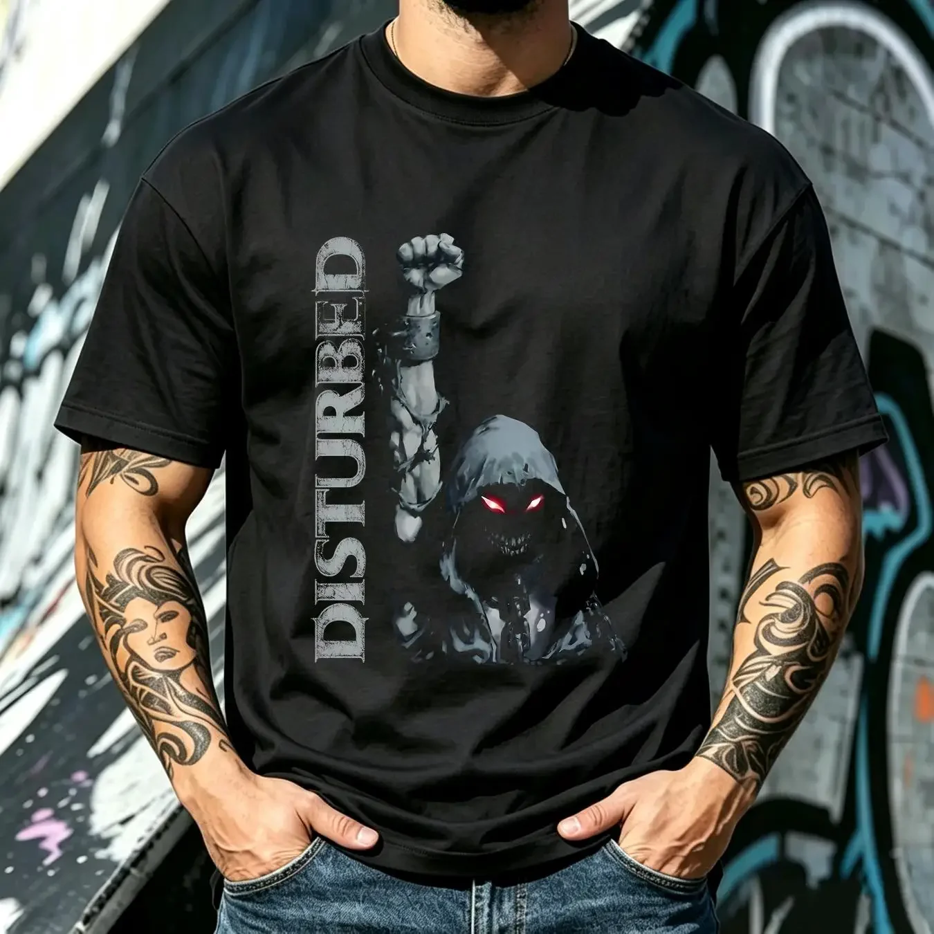 washed T Shirt Official Disturbed Up Yer Military Black Mens Classic Rock Metal Band vintage Washed Stylish Versatile graphic