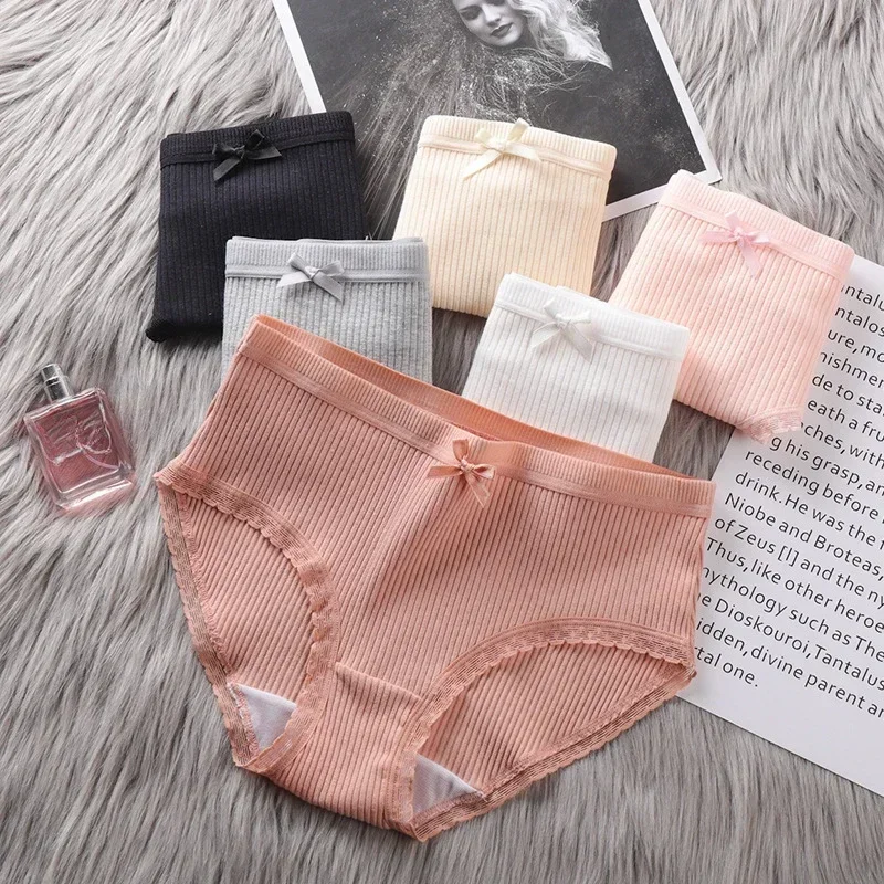 Solid Color Underpants Panties Women Girls Striped Underwear Mid-Waist Soft Briefs Female Lingerie Comfortable Panties