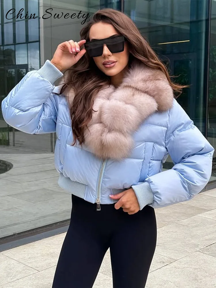 

Warm Faux Fur Collar Patchwork Cotton Coat Loose Full Sleeve Pockets Zipper Cropped Jacket 2025 Autumn Winter Lady Chic Outwear
