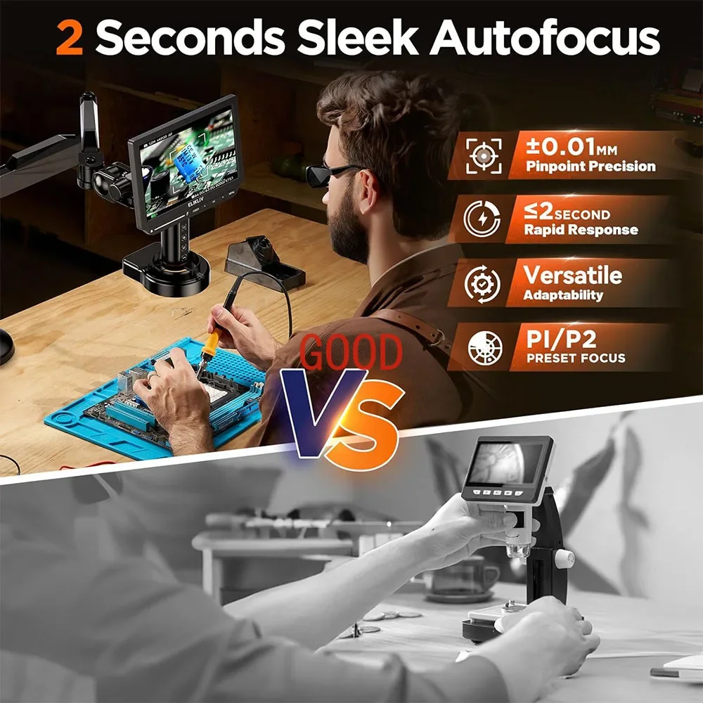 Elikliv EM4K-AF Flex 10.1'' Autofocus Digital Microscope 4K Soldering Microscopio for Electronics 2000X HDMI Microscope with Arm