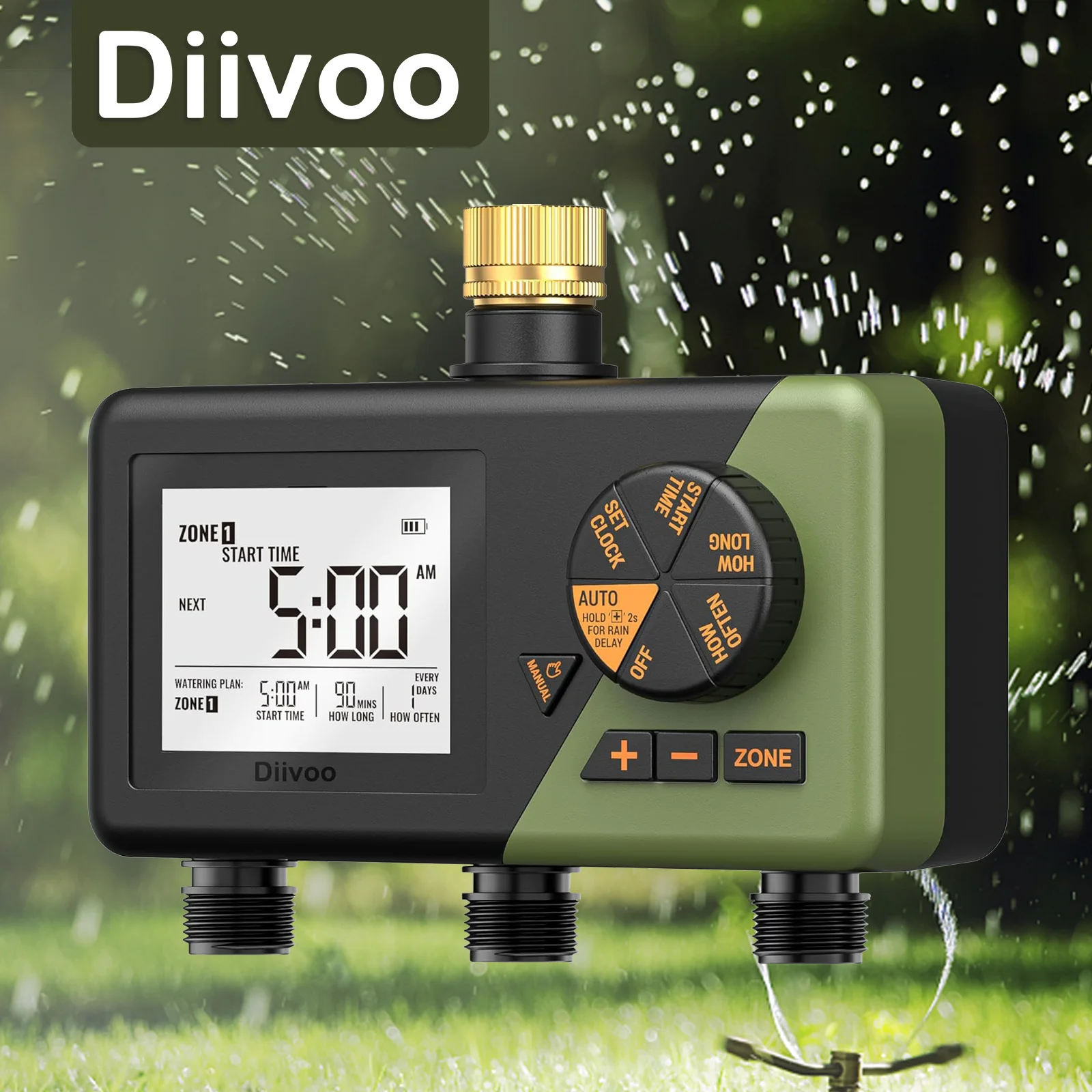 Image of Diivoo Garten-Bewässerungstimer mit 3 Zonen, Messinganschlüssen, Programmierbarer Automatischer Bewässerungstimer mit Regenverzögerung, Manueller/Automatischer Modus für Rasen