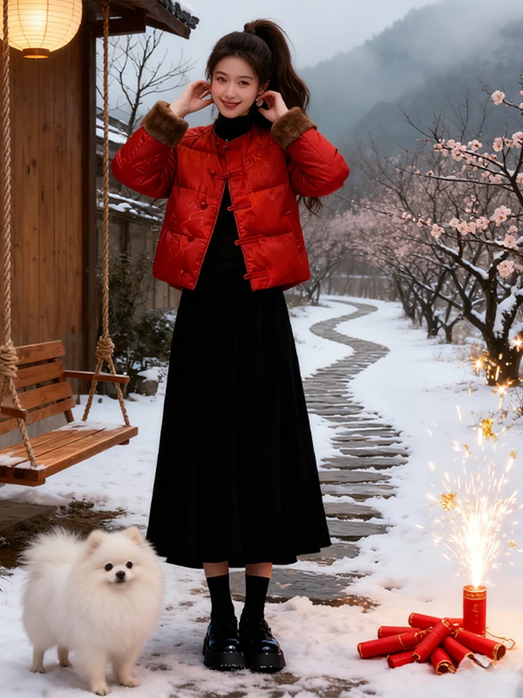 

Casual Style Cotton Suit Set with Button Closure Black Velvet Long Dress Regular Sleeve Length Fashionable Autumn Winter Wear